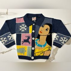 Incredibly Rare 90s Disney Pocahontas Knit Cardigan Sweater Girls Size 6x Measures: 15.5” By 13” I Can’t Find Another Sweater Like This That’s Available. Smoke Free Home. 90s Disney, Disney Pocahontas, Knit Cardigan Sweater, Disney Kids, Disney Shirts, Disney Girls, Girls Sweaters, Knit Sweater Cardigan, Pocahontas