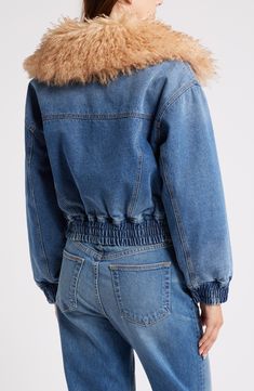 A casual-cool denim bomber is crafted in a classic indigo wash and elevated with a luxuriously plush faux-fur collar. 21" length (size Medium) Front zip closure Wing collar Elastic cuffs and hem Side-seam pockets Lined 100% cotton with 100% polyester faux-fur collar Machine wash, tumble dry Imported Wing Collar, Blank Nyc, Faux Fur Collar, Fur Collar, Faux Fur, Bomber Jacket, Nordstrom, Size Medium, Elastic