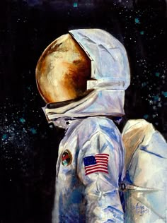 an oil painting of an astronaut in outer space with the american flag on his back