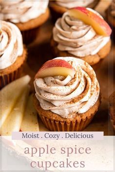 cupcakes with frosting and apples on top are shown in this advertisement for the most cozy delicious apple spice cupcakes