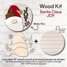 "THIS IS A DO-IT-YOURSELF WOOD KIT. The kit includes all the wood pieces as shown to make a Festive Santa Joy door hanger sign. (pieces are unfinished) / Size: 14\" x 14\" Need something new for your Christmas door decor?  Or want to give a gift to the crafty person in your family? The pieces are easy to paint and assemble with a little bit of glue.  Attach a ribbon on the back with the included hanger kit. Each sign kit is wrapped securely and includes instructions and a colored label for refer Laser Ornaments, Gnome Door Hanger, Joy Letters, Glow Forge, Christmas Cricut, Gnome Door, Stencil Wood, Cute Santa Claus, Christmas Stencils