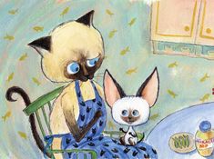 a painting of a cat sitting in a chair next to a small dog on a table