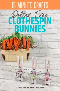 some carrots are sitting next to each other with the words, 15 minute crafts dollar tree clothespin bunnies