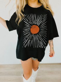 Sun Burst Shirt UNISEX Comfort Colors® Vintage Celestial Boho Hippie Clothes Sunburst Festival Clothing Oversize Dress Tee Retro Sun T Shirt  Shop all The June Kind - https://www.etsy.com/ca/shop/TheJuneKind? ---------- Please read before placing your order -------------- 1. This apparel is GENDER NEUTRAL / UNISEX. The relaxed fit is flattering for all bodies. 2. Refer SIZE CHART for measurements. Upsize for oversized looks. 3. This listing for Comfort Colors 1717 Unisex 100% cotton tees - soft Oversized Printed Black Shirt, Orange Graphic Design Tops For Summer, Orange Graphic Design Top For Summer, Sun T Shirt, Celestial Boho, Vintage Celestial, Oversize Dress, Sun Burst, Retro Sun