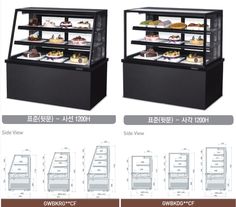 two display cases with different types of cakes