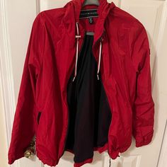 Material For A Rain Jacket Pretty Red Nwt Red Tommy Hilfiger Long Sleeve Outerwear, Tommy Hilfiger Red Long Sleeve Outerwear, Red Long Sleeve Tommy Hilfiger Outerwear, Hooded Red Tommy Hilfiger Outerwear, Tommy Hilfiger Long Sleeve Windbreaker For Fall, Tommy Hilfiger Jacket, Tommy Hilfiger Jackets, Utility Jacket, Rain Jacket