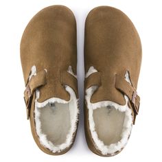 London Shearling Suede Leather Dark Tea | BIRKENSTOCK Birkenstock Shearling, Boston Shoes, Birkenstock London, Finger Shoes, Backgrounds Phone, Birkenstock Women, Calf Muscles, Tea Shop, Perfect Shoes