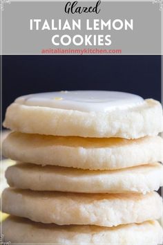 a stack of italian lemon cookies on top of a white plate with text overlay