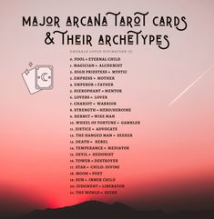 a poster with the names of major arc tarot cards and their archetys