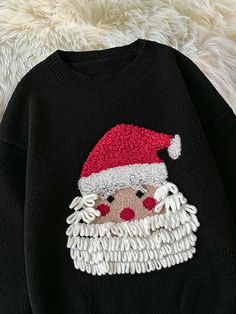 Plus Size Christmas 3D Santa Beard Jacquard Knit Sweater, Casual For Winter Black Casual  Long Sleeve Knitwear Animal,Cartoon Pullovers Slight Stretch  Women Plus Clothing, size features are:Bust: ,Length: ,Sleeve Length: