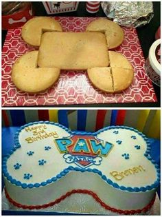 there are two pictures of the same cake and one has a dog bone on it