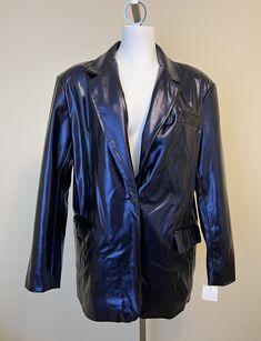 Women's BlankNYC purple, shiny, faux leather, blazer jacket Lined Size medium New with tags Measurements: underarm to underarm 21" shoulder to end of sleeve 22.5" length-shoulder to hem 28" Shiny Fitted Fall Outerwear, Shiny Fitted Outerwear For Fall, Chic Shiny Outerwear For Fall, Evening Blazer For Fall, Metallic Long Sleeve Blazer For Fall, Metallic Long Sleeve Blazer For Work, Metallic Fitted Blazer For Fall, Purple Outerwear For Spring Night Out, Metallic Leather Jacket For Fall Party