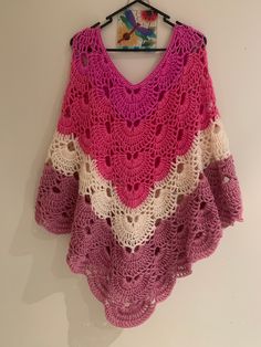 Hand crafted poncho crochet from polyester yarn. Pink shades and white Poncho Crochet, Pink Shades, Ladies Poncho, Crochet Poncho, Polyester Yarn, Hand Crafted, Yarn, Shades, Ships