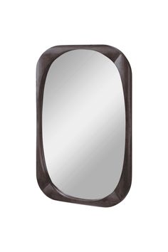 a mirror that is on the wall with a black frame and brown trimmings