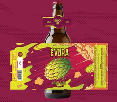 a bottle of beer with a label on it that says evora craft beer in spanish