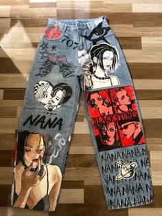 Customized Pants Jeans, Jean Diy Paint, Pants Paint Design, Diy Painting Jeans, Anime Jeans Painting, Punk Pants Diy, Painting Pants Diy, Designs On Pants, Custom Pants Paint