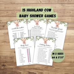 five baby shower games with the text, 15 highland cow baby shower games on them