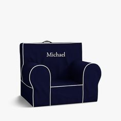 a blue and white chair with the name michael written on it's back side