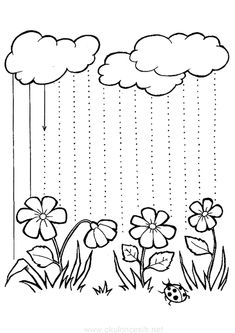 a drawing of flowers in the rain with clouds above them and a ladybug sitting on