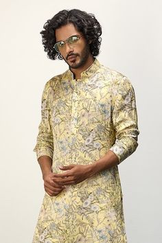 Yellow straight kurta with floral print. Paired with a white dhoti pant. - Aza Fashions Diwali Cotton Silk Kurta With Floral Print, Diwali Cotton Silk Floral Print Kurta, Diwali Floral Cotton Silk Kurta, Yellow Floral Print Kurta For Diwali, Traditional Summer Kurta With Naqshi, Summer Festive Kurta With Naqshi Detailing, Wedding Kurta With Kalamkari Print For Diwali, Drape Pants, Men Kurta