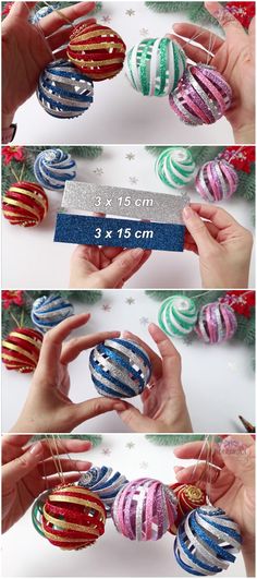 three different images of christmas ornaments being held by hands