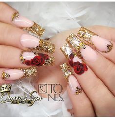 Beauty And The Beast Nails Acrylic Long, Beauty And The Beast Quinceanera Makeup, Beauty And The Beast Nails Acrylic, Red And Gold Quince Nails