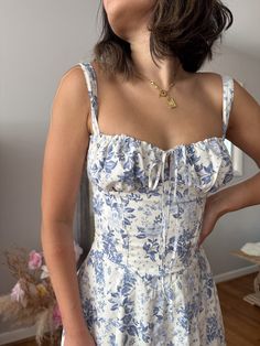 House of CB Review - I spent $2,000 on House of CB Dresses! Carmen Dress, Cottagecore Dresses, House Of Cb Dresses, Floral Corset, Dresses Aesthetic, Blue Summer Dresses, Cottagecore Dress, Dress Sketches, House Of Cb