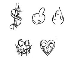 four different types of tattoos drawn in black ink on a white paper with the words love and