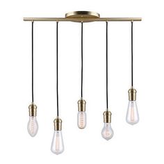 three light fixtures hanging from a ceiling fixture with four bulbs and one bulb turned on