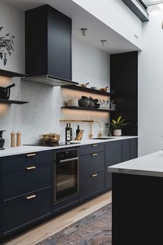 a kitchen with black cabinets and white counter tops is pictured in this image, there are plants on the shelves above the sink