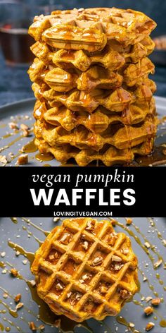 waffles stacked on top of each other with syrup drizzled over them