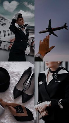 a collage of photos with an airplane in the background and shoes on the ground