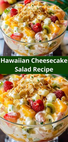 Hawaiian Cheesecake Salad Recipe, Cheesecake Salad Recipe, Hawaiian Cheesecake, Cheesecake Salad, Creamy Dressing, Mandarin Oranges, Creamy Cheesecake, Tropical Fruits, Salad Recipe