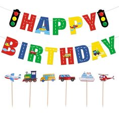 a happy birthday banner with cars and trucks on it, hanging from a string in front of a white background