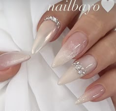 Nails With Pearls And Rhinestones, Pearl White Nails With Design, Nailbayo Nail, Nail Inspo Rhinestones, Pearl Nail Designs, White Nail Inspo, Toenails Designs, Nails After Acrylics, Bridal Nails Designs