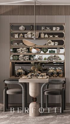 a dining room table and chairs with plates on the wall behind it in front of a mirror