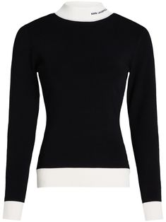 black/white recycled viscose knitted construction jacquard logo motif contrasting ribbed trim mock neck long sleeves straight hem Karl Lagerfeld Sweater, Chunky Knit Jumper, Latest Sweater, Upcycled Materials, City Dress, Summer Beach Wear, Ribbed Sweater, Knit Jumper, Karl Lagerfeld