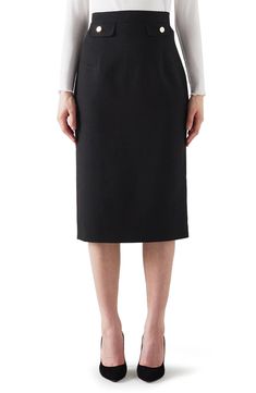 A seasonless suiting fabric adds polished style to this pencil skirt designed with flat, goldtone buttons at the faux flap pockets. Lined 61% polyester, 33% viscose, 6% elastane Dry clean Imported This brand is certified with the Butterfly Mark, which identifies luxury brands that adhere to social and environmental best practices This brand meets Nordstrom Responsible Brands criteria: brand adheres to responsible social and environmental practices Butterfly Skirt, Polished Style, Cotton Midi Skirt, Crepe Skirts, Latest Skirts, Suiting Fabric, Lk Bennett, Black Leather Skirts, Pencil Skirt Black