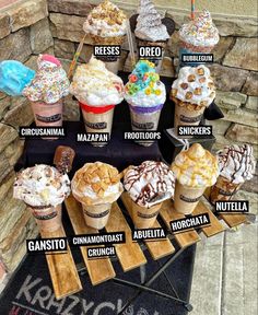 there are many different types of ice creams on display in the table with their names