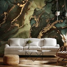 a living room filled with furniture and a large painting on the wall above it's couch