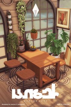 an image of a table and chairs in the living room with potted plants on the wall