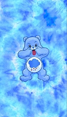 an image of a blue teddy bear holding a donut on a tie dye background