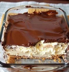 a chocolate dessert in a glass dish on a table