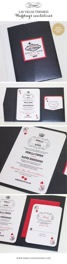 the inside of a black and white wedding card with red trimmings on it