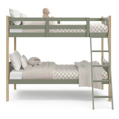 a green bunk bed with white sheets and checkered pillows on the bottom, next to a wooden ladder