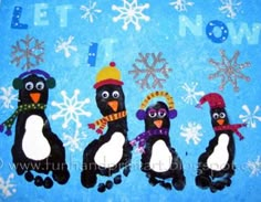 three penguins with hats and scarfs are depicted on a blue background, surrounded by snowflakes