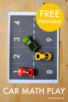 two toy cars on a play mat with the words free printable car math play