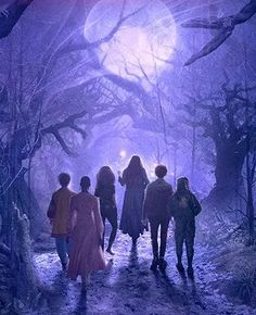 a group of people walking through a forest under a full moon