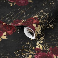 red roses on black and gold wallpaper