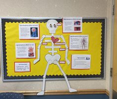 a bulletin board with a skeleton on it